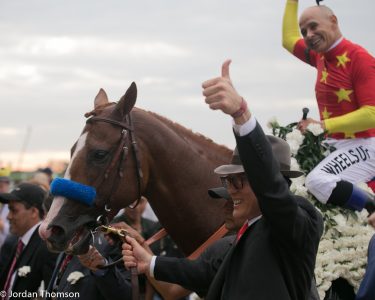 Justify in the winner's circle after becoming the 13th Triple Crown winner (photo by Jordan Thomson).