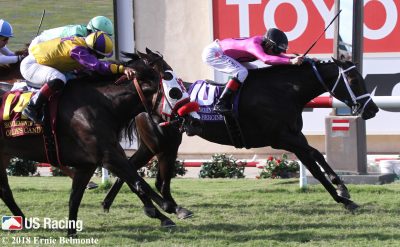 War Heroine hangs on to win the San Clemente (G2) at Del Mar (photo by Ernie Belmonte). 
